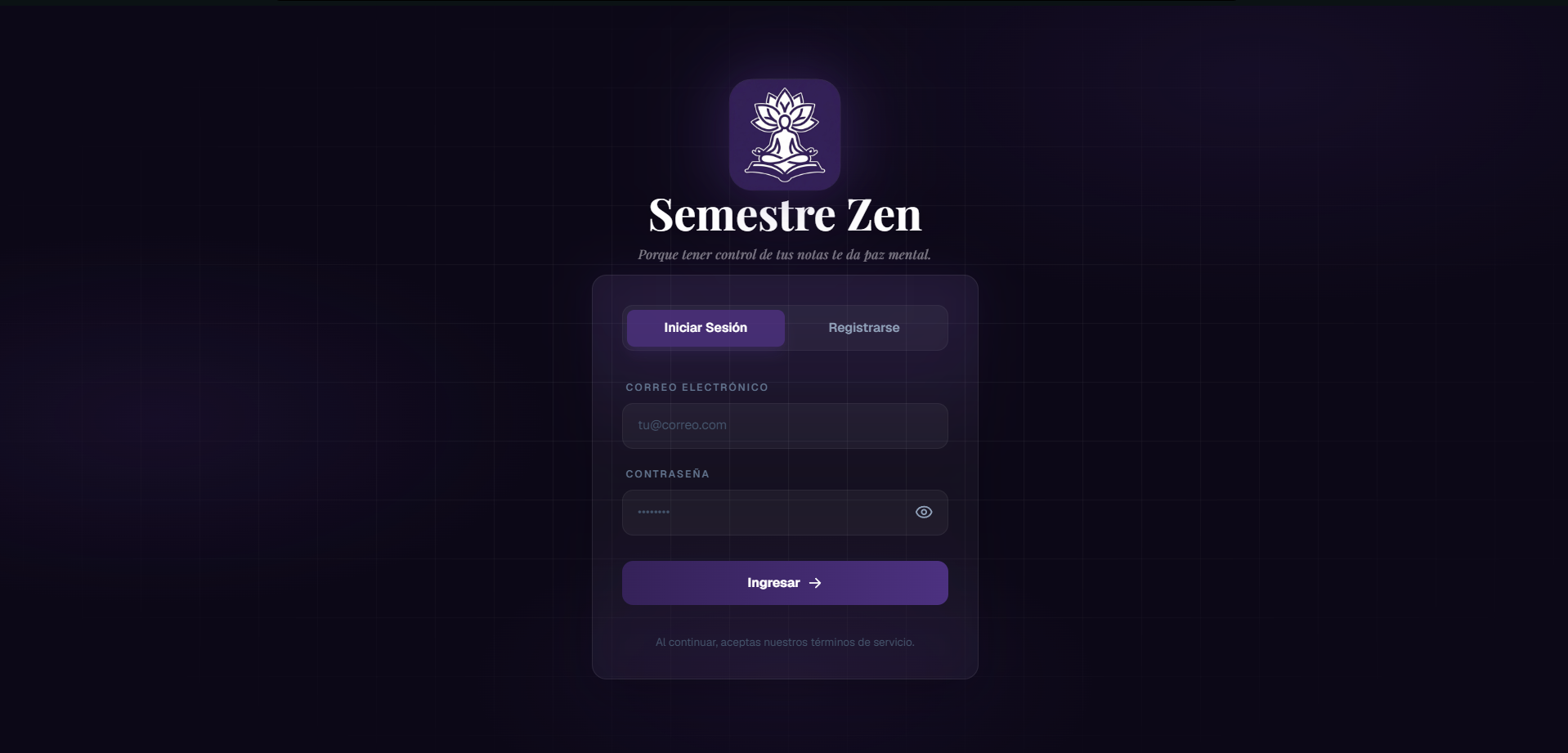 Captura de la aplicación web Semestre Zen, mostrando el dashboard principal con tarjetas de cálculo de notas